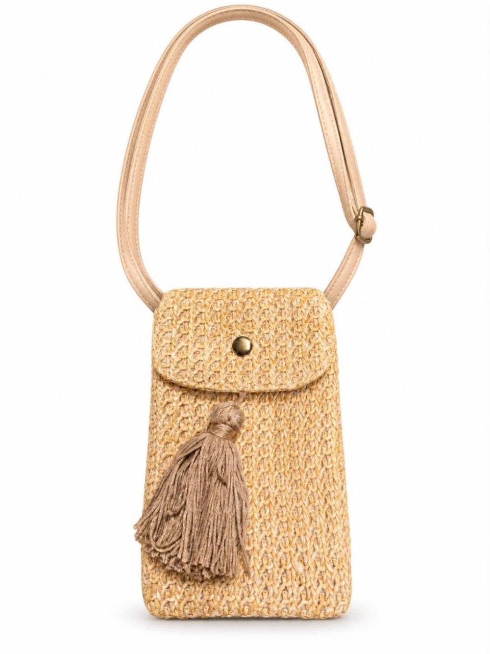 Tan Woven Crossbody Phone Bag with Tassel